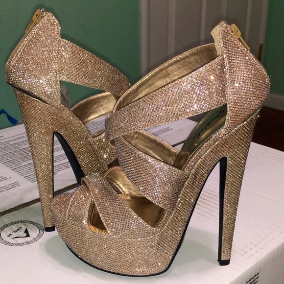 Qupid Champagne Platform Stiletto Jeweled Heels - Picture 4 of 4